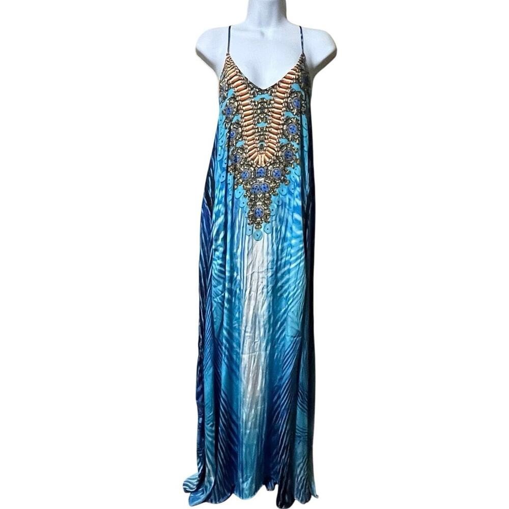 True Colours La Moda Blue Exotic Racerback Maxi Dress Cover Up S/M Resort Beach - Picture 2 of 11